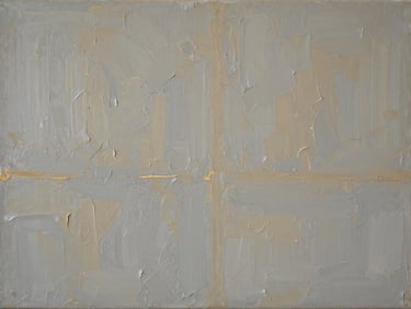 Detail of an abstract canvas painting with thick impasto texture in warm gray and sand tones, soft side lighting