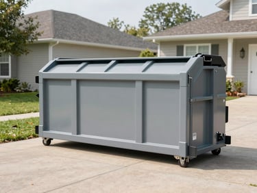 A clean roll-off dumpster neatly positioned on a residential driveway, side-by-side with a cleared, spotless yard space, bright daylight