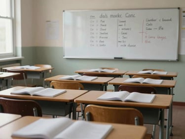 Medium environmental shot of a small language classroom, rows of desks with open notebooks, whiteboard at the front showing a French conjugation exercise, cool natural light from a side window, no students present, candid documentary feel showing the actual room layout