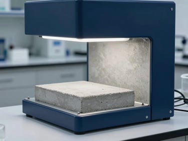 A technical laboratory setup with a concrete sample undergoing stress testing, clean architectural lighting