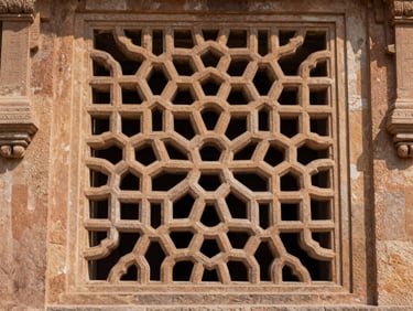 Extreme close-up of carved stone jali screen panel on the tower facade, intricate geometric Mughal lattice pattern in warm sandstone, shot straight-on in clear morning overcast light, deep shadow in the voids of the jali emphasizing the depth and precision of the stone carving