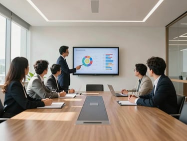Wide shot of a bright, sunlit contemporary meeting room in Brazil, professionals discussing charts on a screen, clean architectural lines, natural lighting.