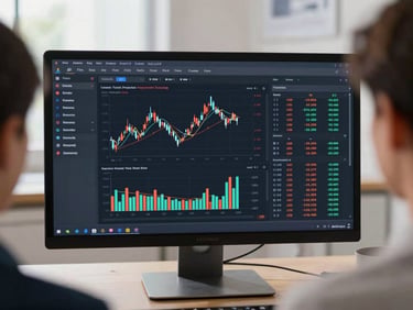 Over-the-shoulder view of a clean software dashboard displaying financial metrics, bright daylight, professional setting.
