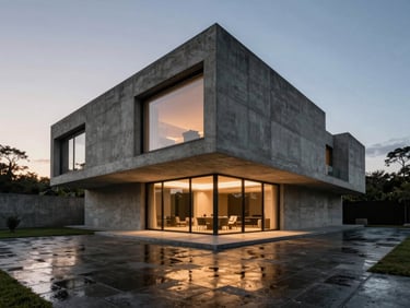 A dramatic one-point perspective of a concrete brutalist villa at twilight, soft interior light spilling onto wet stone.