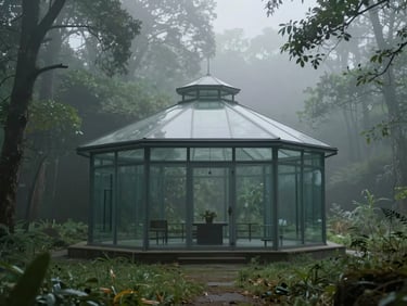 A cinematic wide shot of a glass pavilion in a misty forest, subtle animation of fog moving slowly through trees.