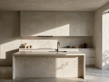 A minimalist kitchen interior with raw plaster walls, morning sunlight casting long shadows across a travertine island.