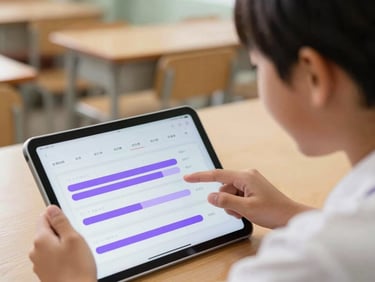 A close-up over-the-shoulder shot of a Vietnamese middle school student smiling while interacting with a clean, modern educational tablet app interface showing purple progress charts, warm indoor lighting, soft focus background.