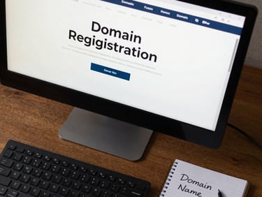 Overhead flat-lay of a domain registration interface on a monitor screen, keyboard and notepad with domain name written visible beside it, high-contrast daylight, sharp detail on the screen text