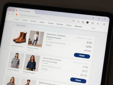 Close-up of a browser showing an e-commerce checkout flow with product thumbnails, price totals, and a checkout button, clean studio lighting, tight framing on the cart interface