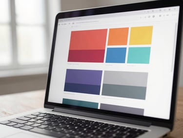 Tight close-up of a laptop screen showing a custom website design layout with multiple color-blocked sections, keyboard partially visible at bottom edge, clean studio daylight from left