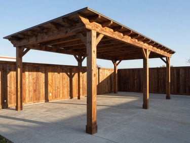 Wide-angle architectural exterior photograph of a custom timber pergola and site-poured concrete patio, sharp late afternoon sun casting long dramatic shadows, rich wood textures, crisp alignment.