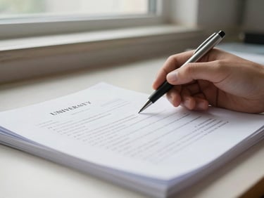 Close-up of hands turning pages of a university admission document on a desk under clear window light, a pen resting beside the paper, shallow depth of field