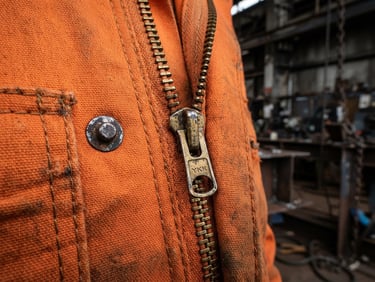 Close-up of double-stitched orange boiler suit fabric with heavy-duty brass zipper, industrial warehouse lighting, high-contrast steel details