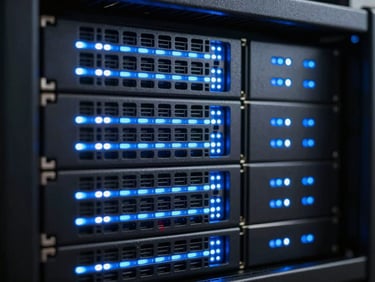 Macro shot of a high-end server rack with glowing blue LED lights, representing secure cloud storage and data processing, sharp focus, 35mm