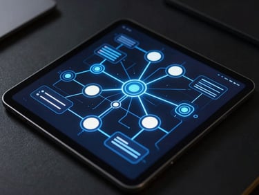 Close-up of a high-tech tablet showing complex automation node graphs, glowing electric blue connection lines, dark background, clean modern desk, sharp focus