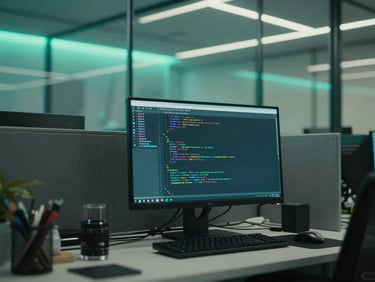 Low-key cinematic shot of a modern Hong Kong developer workspace, neon mint light reflecting off glass, code on screen, sharp focus, 35mm lens