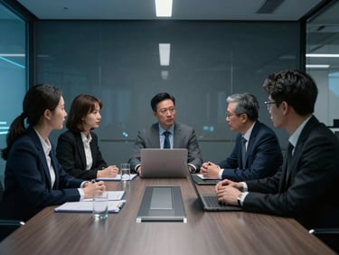 Professional collaborative strategy session in a sleek Hong Kong boardroom, low-key ambient lighting, sharp blue accents