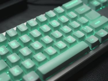 Close-up of a developer writing clean code on a mechanical keyboard, neon mint reflections on the keycaps, dark tech aesthetic