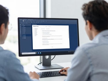 Bright natural office interior, UK professionals collaborating around a monitor screen, clean software interface visible, cool blue tones, 35mm