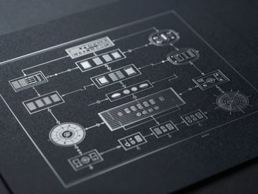 Abstract technical schematic of a system architecture layout, clean silver lines on a deep slate background, high contrast, blueprint style.