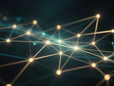 Abstract glowing AI neural network, deep teal and gold light paths, high contrast dark environment, cinematic depth of field