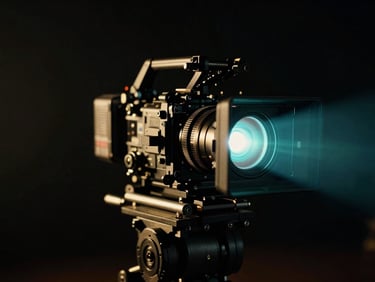 Cinematic camera rig on a dark film set, glowing anamorphic teal lens flare, deep shadows, gold highlights, ultra-premium 35mm photography
