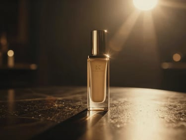 Cinematic film still of a luxury product reveal on a dark reflective surface, dramatic gold backlighting, anamorphic lens flare
