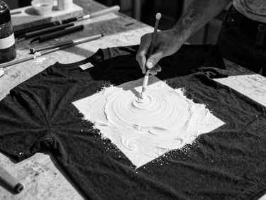 Mani di un artigiano che applicano una stampa serigrafica bianca su una t-shirt nera, con inchiostro denso e texture visibile, in un ambiente di laboratorio con luce dura e ombre.