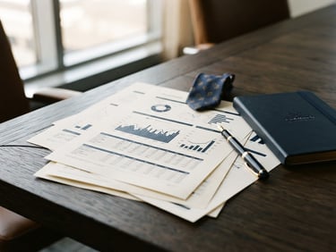 Editorial corporate photography, soft natural window light, deep navy and muted gold tones, a close-up of high-quality financial documents on a dark oak table, professional, 35mm film