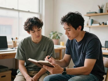 A mentor advising a young adult over a notebook in a brightly lit Oakland workshop space, warm editorial style.