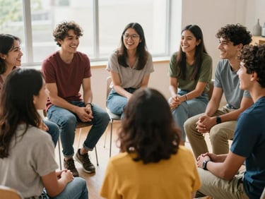 A group of diverse participants sitting in a collaborative circle, laughing and talking, warm natural light, 35mm.