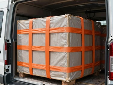 Industrial cargo secured tightly with heavy-duty orange straps inside a transit vehicle, bright Malaysian daylight
