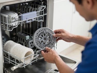 A technician inspecting the filter and spray arm of an open dishwasher