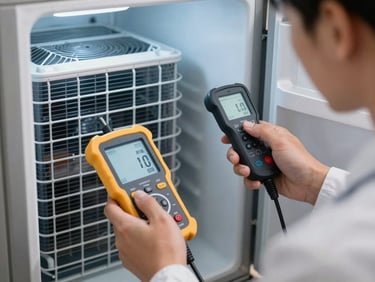 Close-up of a technician checking the cooling coils of a modern refrigerator with professional diagnostic tools