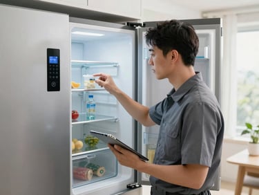 A professional technician standing in front of an open modern refrigerator, inspecting the interior shelving and digital control panel with a tablet in hand, bright daylight, clean domestic setting.