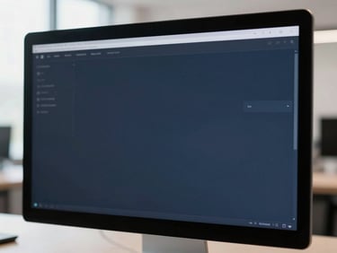 Close-up of a structured digital interface on a high-end monitor, clean minimalist layout, soft office daylight, professional setting, elegant corporate photography, 35mm