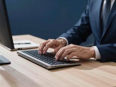 Hands typing on a sleek keyboard next to a notebook, clean wooden desk, minimalist workspace, soft shadows, elegant corporate photography, 35mm