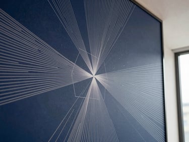 Abstract geometric pattern representing clean digital data flow, deep blue and white tones, elegant corporate style, 35mm