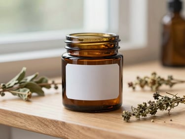 Amber glass cosmetic jar with a clean white label on a light wood counter, surrounded by dried herbs