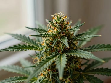 Macro shot of a vibrant green cannabis flower bud with amber trichomes, soft natural light, shallow depth of field