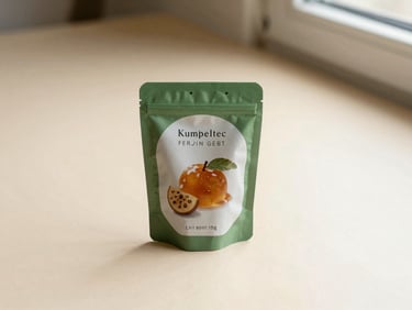 Elegant, minimalist artisanal fruit gelée packaging on a warm cream surface, soft shadows