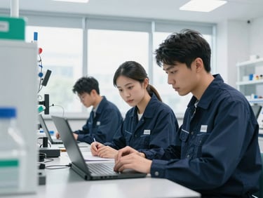 Engineers in a clean, modern lab setting, focused on technical work, bright natural daylight, crisp navy and teal accents