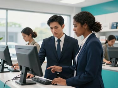 Young, diverse South African professionals in a retail store setting, one guiding another at a point-of-sale system, bright natural daylight, clean corporate environment.