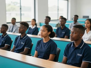 Diverse group of young South African adults attending a lecture in a modern university hall, engaged and attentive, bright natural daylight, crisp navy and teal accents