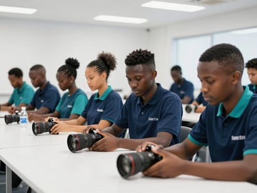 Diverse group of young South Africans in a technical training workshop, hands-on learning, bright lighting, industrial setting, 35mm lens