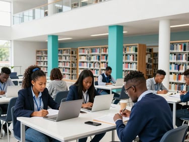 Modern university campus library, diverse South African students studying collaboratively, bright natural daylight, crisp navy and teal accents