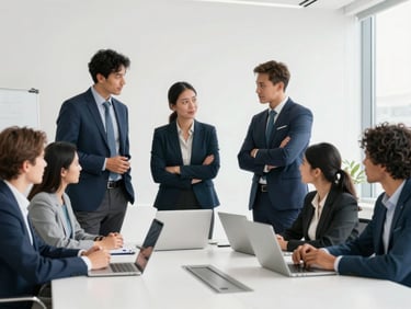 South African professionals collaborating in a modern, bright office environment, diverse team, natural daylight, crisp navy and teal accents, 35mm lens