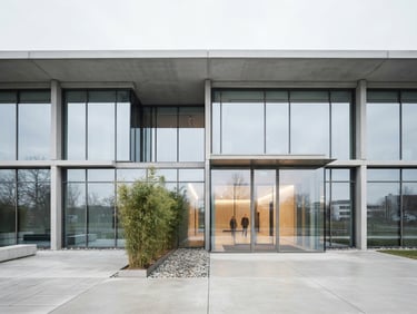 Minimalist architectural shot of a modern corporate pavilion with soft daylight, clean lines, concrete and glass, negative space, 50mm