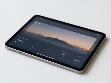 Close-up of a high-end digital interface displaying climate data on a sleek tablet, clean desk with soft daylight, minimalist workspace
