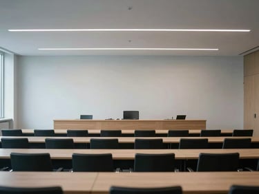 Wide shot of a minimalist modern conference hall with architectural seating, soft diffused lighting, professional atmosphere, negative space